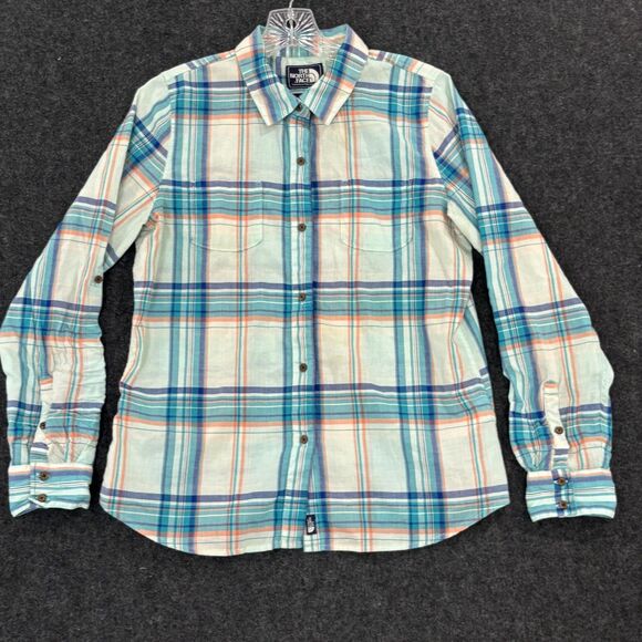 The North Face Shirt Women's Large Blue Plaid Button Down Pockets Outdoor - Picture 1 of 8